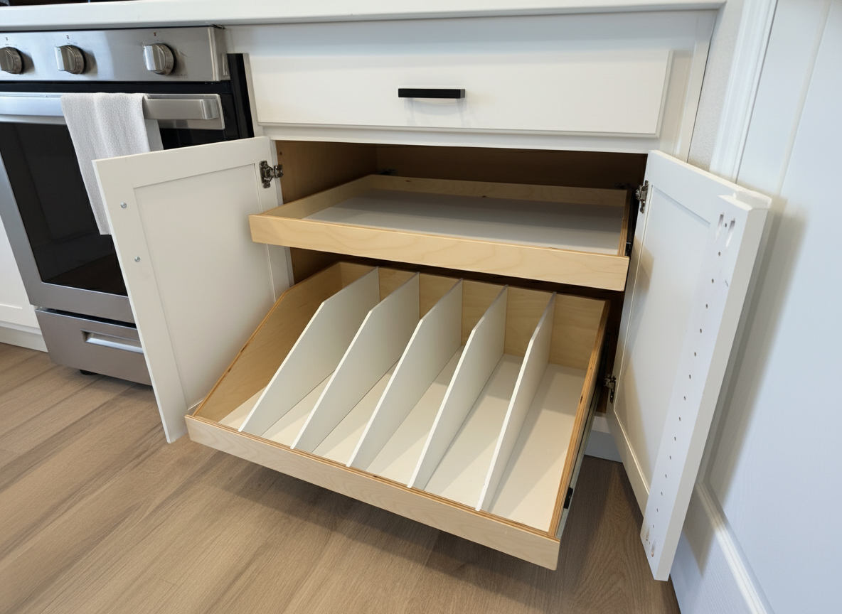 hero-transformation-sized Open kitchen cabinet with two pull-out wooden drawers; the bottom drawer has vertical dividers for organizing items. A stainless steel oven is visible to the left, and the floor is light wood.