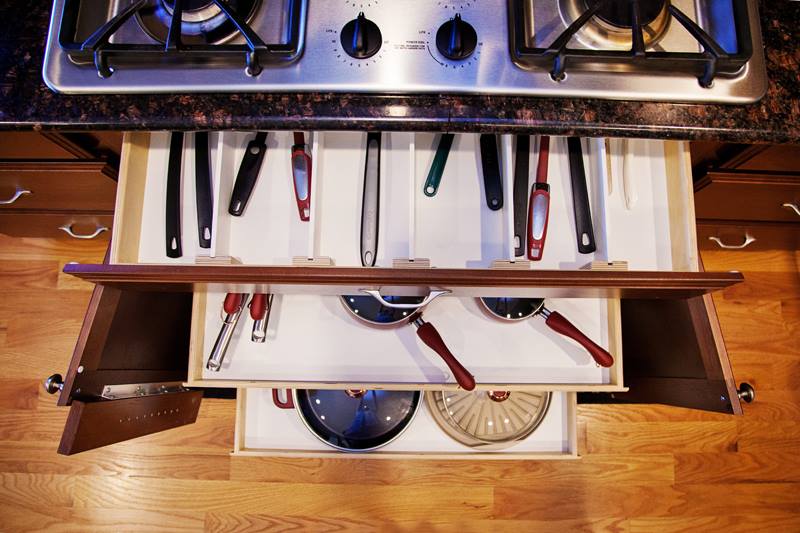 organized under stove from above Overhead view of kitchen drawers below a stovetop; top drawer holds various spatulas and utensils, while the bottom drawer neatly organizes pots and pans with their handles sticking out.