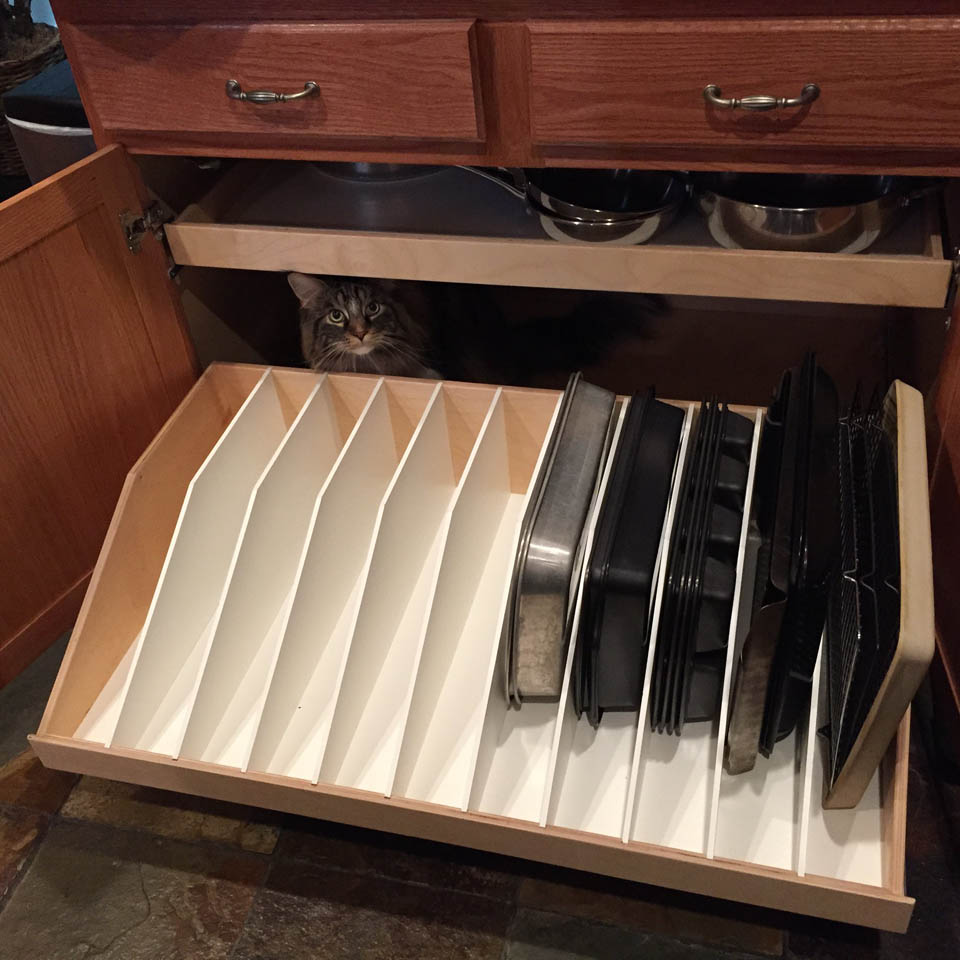 reos-product-gallery-22 A fluffy cat sits inside a kitchen cabinet above a drawer organized with vertical slots holding baking trays and pans. The cabinet door is open, revealing the cat and the neatly arranged bakeware.
